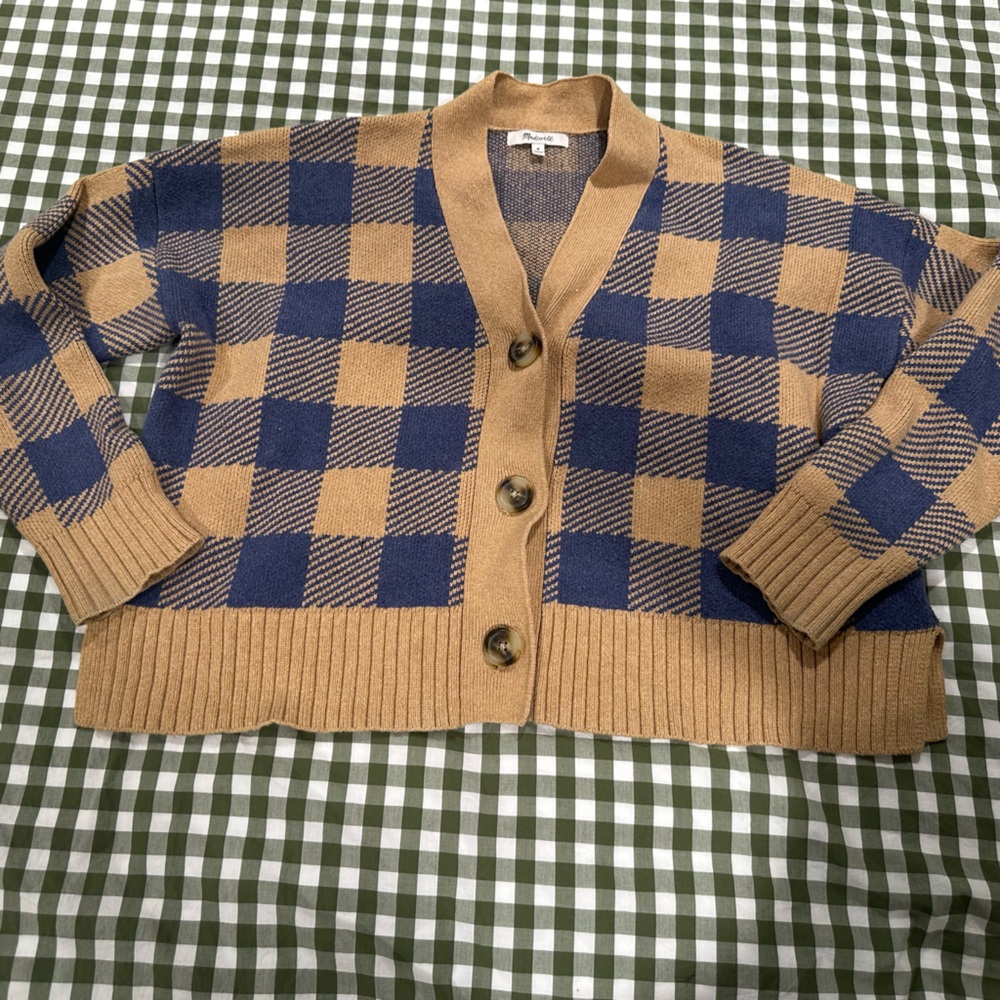 Madewell Blue and Tan Checkered Cardigan